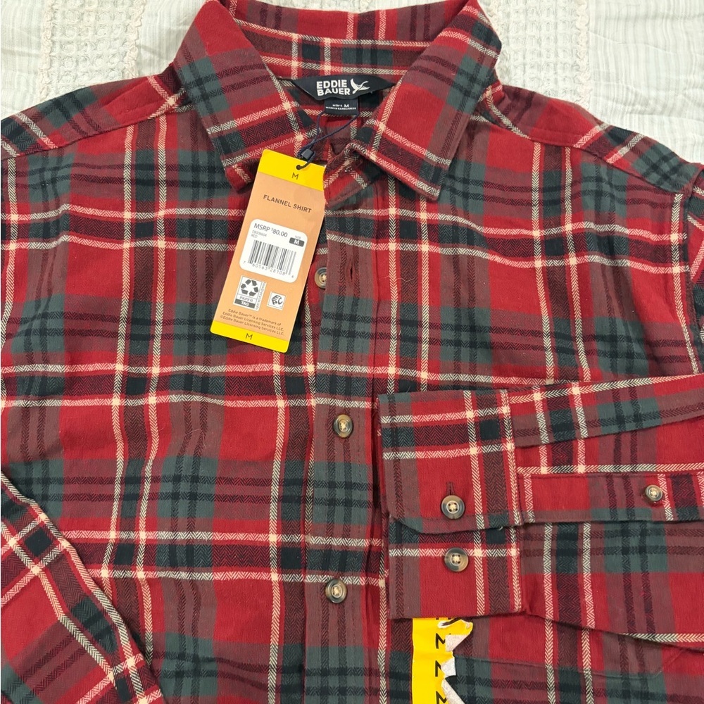 Eddie Bauer Red Green Plaid Flannel Button Down Shirt Men’s Medium NWT MSRP $80